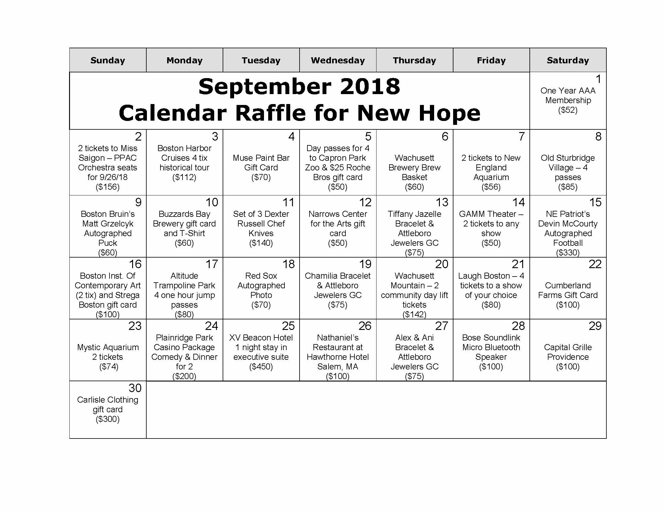 Calendar Raffle New Hope Inc